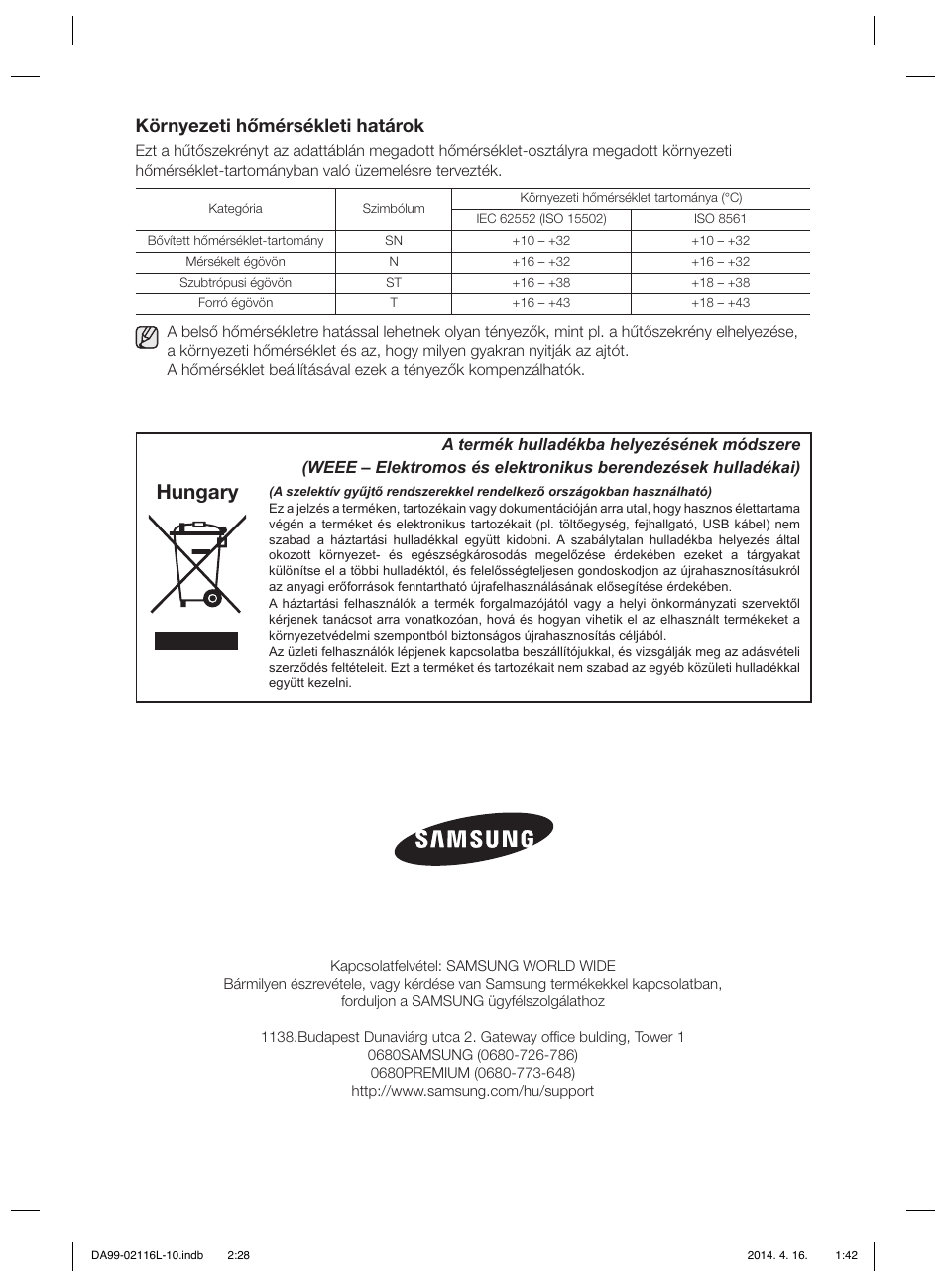 Hungary, Környezeti hőmérsékleti határok | Samsung RL55VTEBG User Manual | Page 80 / 240