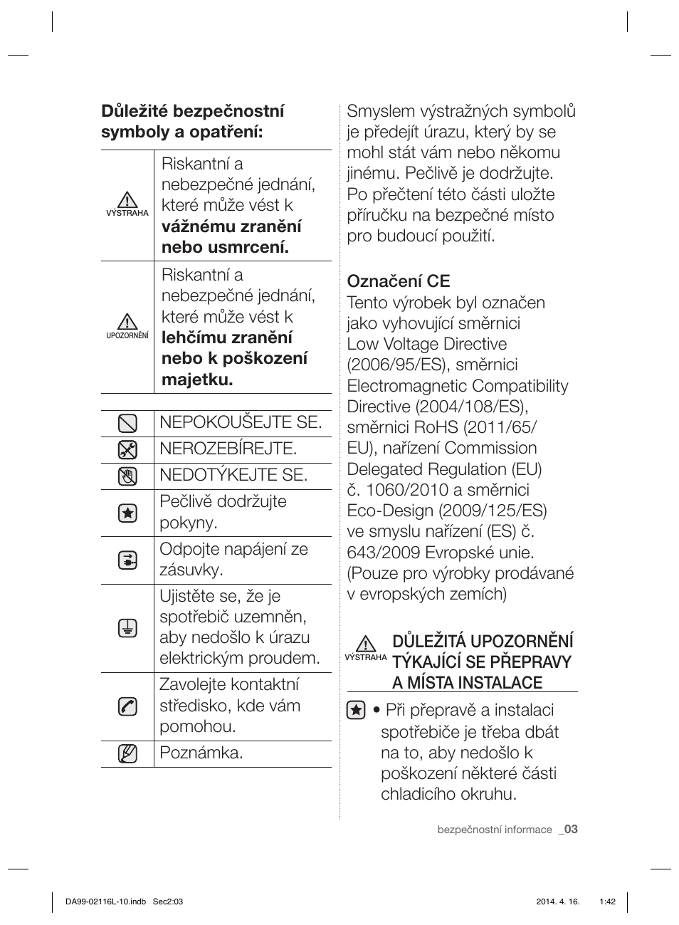 Důležité bezpečnostní symboly a opatření | Samsung RL55VTEBG User Manual | Page 83 / 240