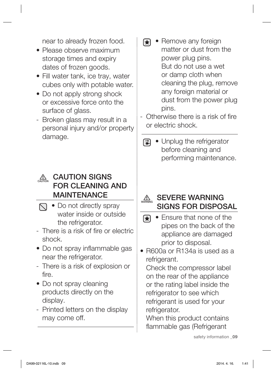 Caution signs for cleaning and maintenance, Severe warning signs for disposal | Samsung RL55VTEBG User Manual | Page 9 / 240