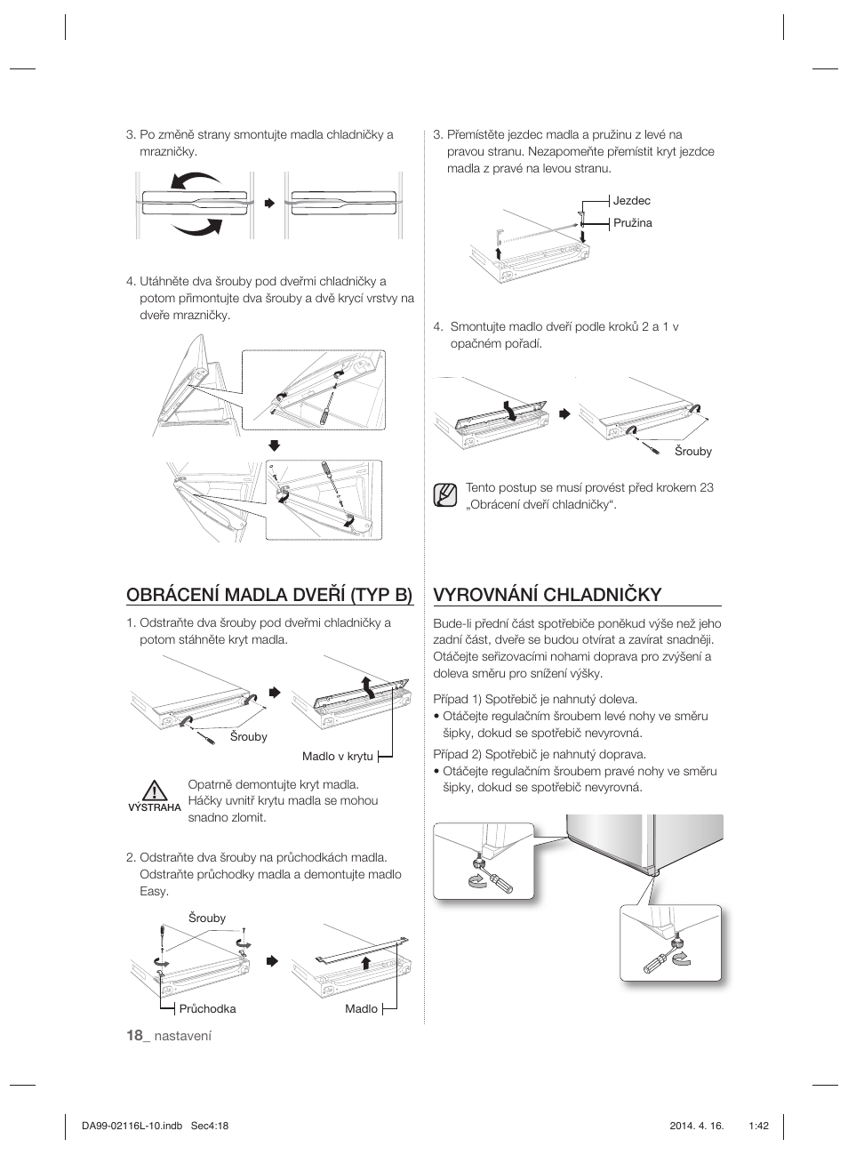 Obrácení madla dveří (typ b), Vyrovnání chladničky | Samsung RL55VTEBG User Manual | Page 98 / 240