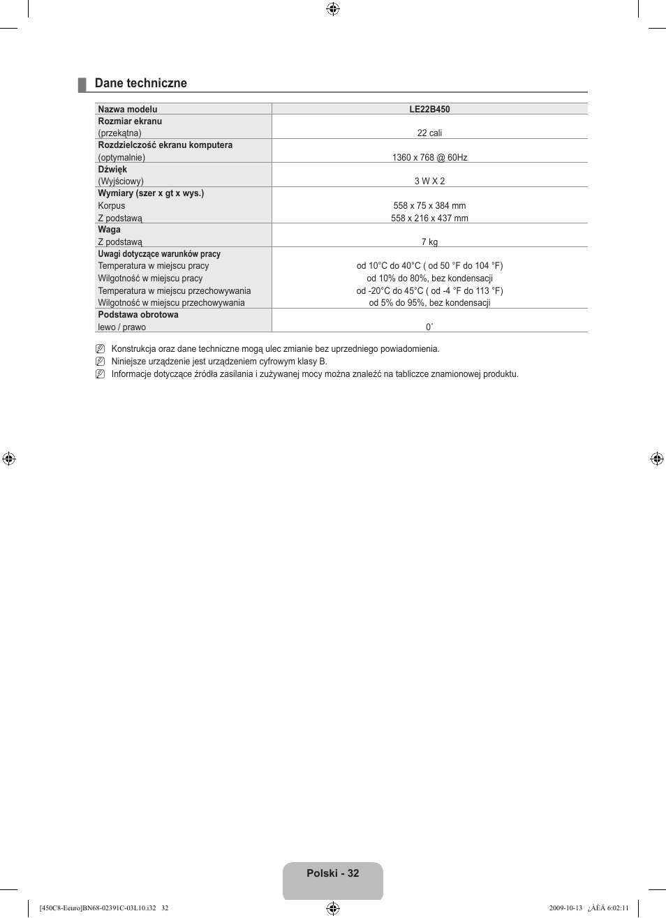 Dane techniczne | Samsung LE22B450C8W User Manual | Page 102 / 348