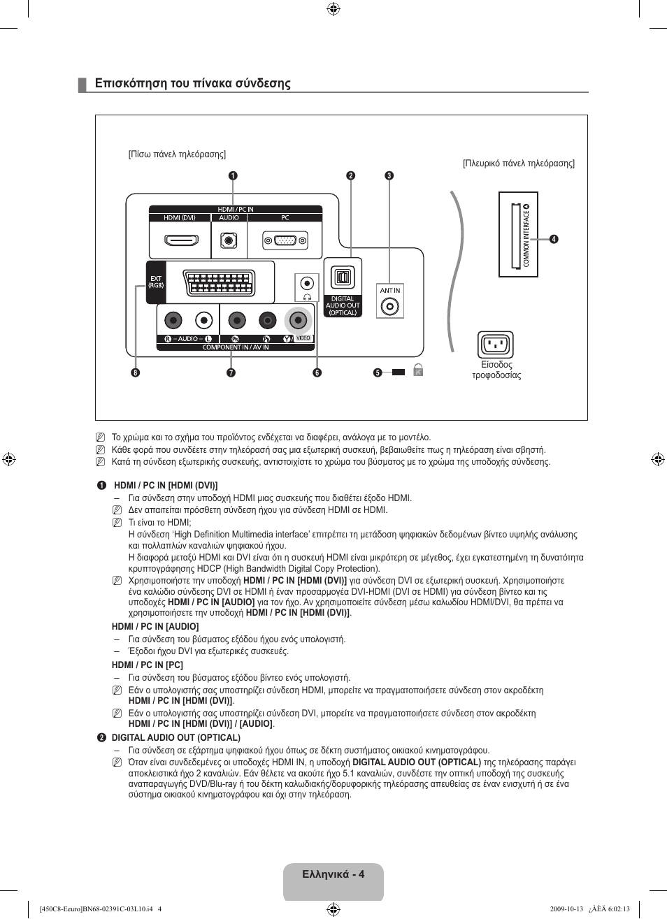 Επισκόπηση του πίνακα σύνδεσης | Samsung LE22B450C8W User Manual | Page 108 / 348