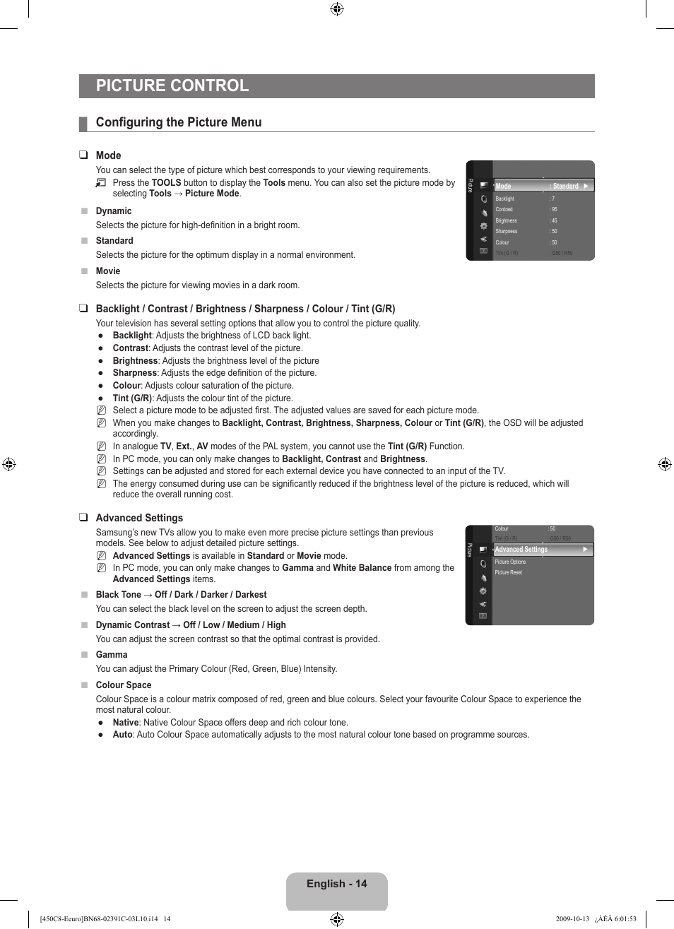Picture control, Configuring the picture menu | Samsung LE22B450C8W User Manual | Page 16 / 348