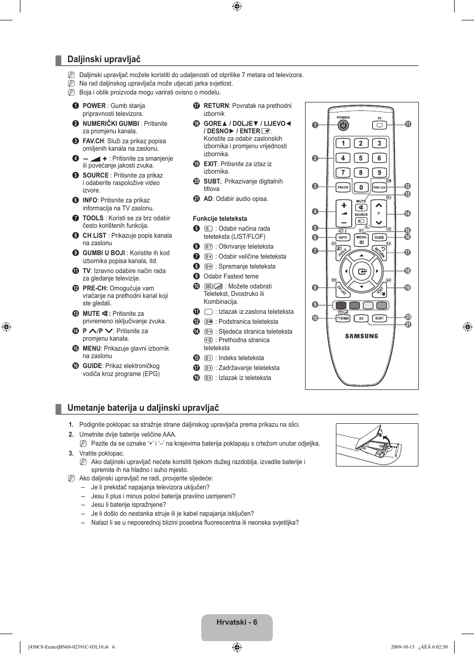 Daljinski upravljač, Umetanje baterija u daljinski upravljač | Samsung LE22B450C8W User Manual | Page 178 / 348