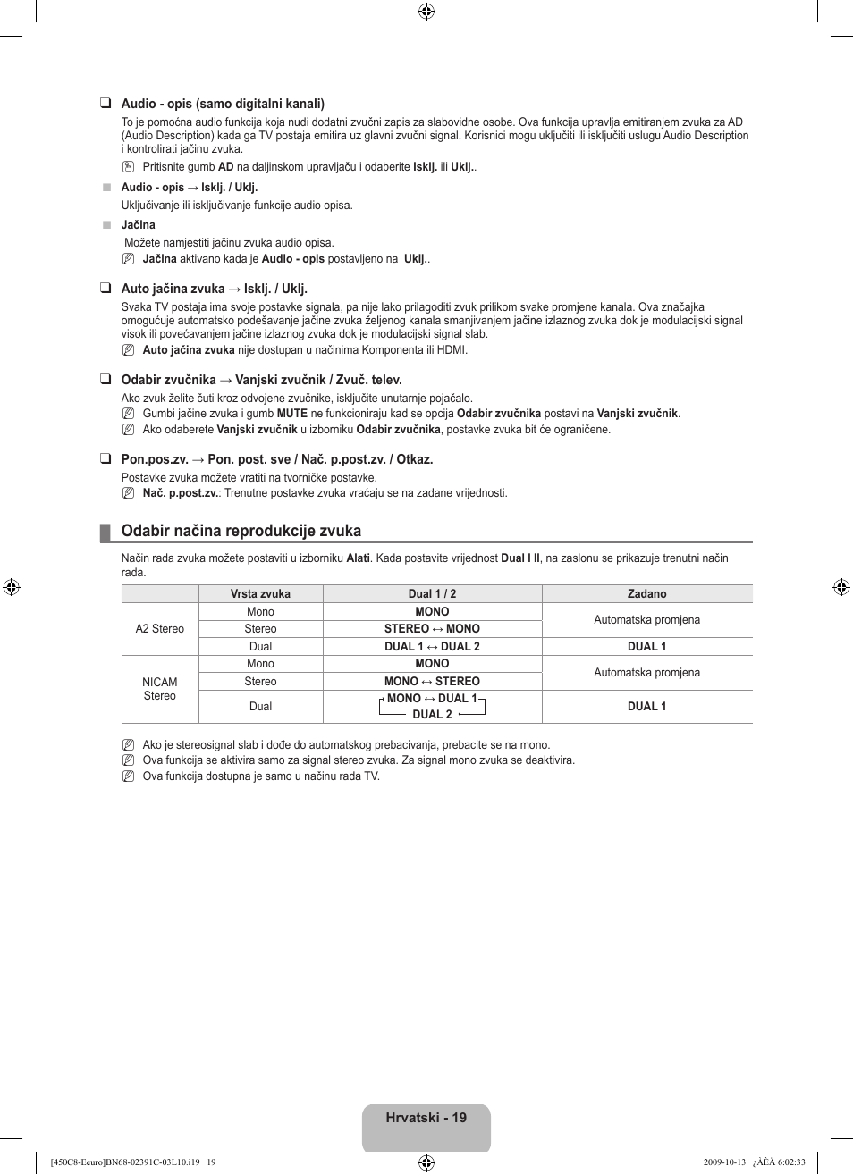 Odabir načina reprodukcije zvuka | Samsung LE22B450C8W User Manual | Page 191 / 348
