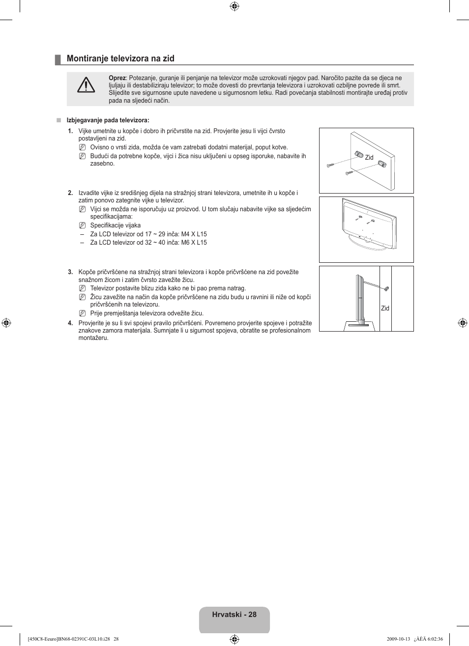 Montiranje televizora na zid | Samsung LE22B450C8W User Manual | Page 200 / 348