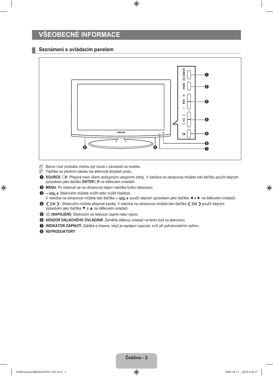 Všeobecné informace, Seznámení s ovládacím panelem | Samsung LE22B450C8W User Manual | Page 208 / 348