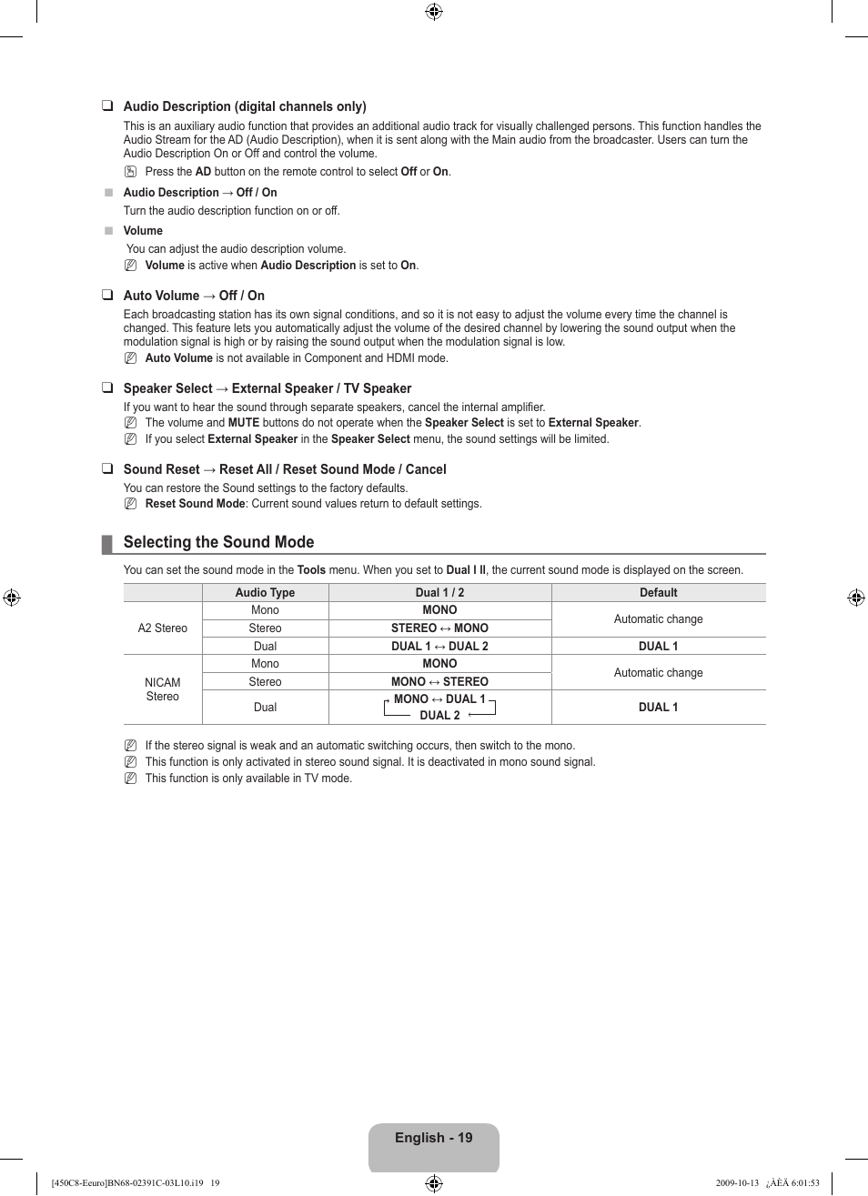 Selecting the sound mode | Samsung LE22B450C8W User Manual | Page 21 / 348