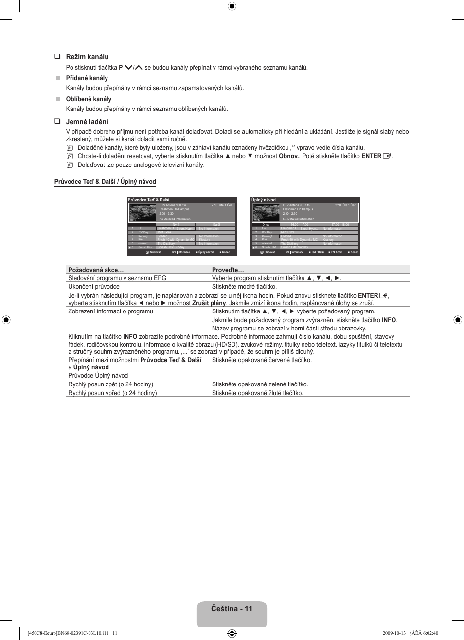 Čeština - 11 režim kanálu, Jemné ladění, Průvodce teď & další / úplný návod | N n n | Samsung LE22B450C8W User Manual | Page 217 / 348