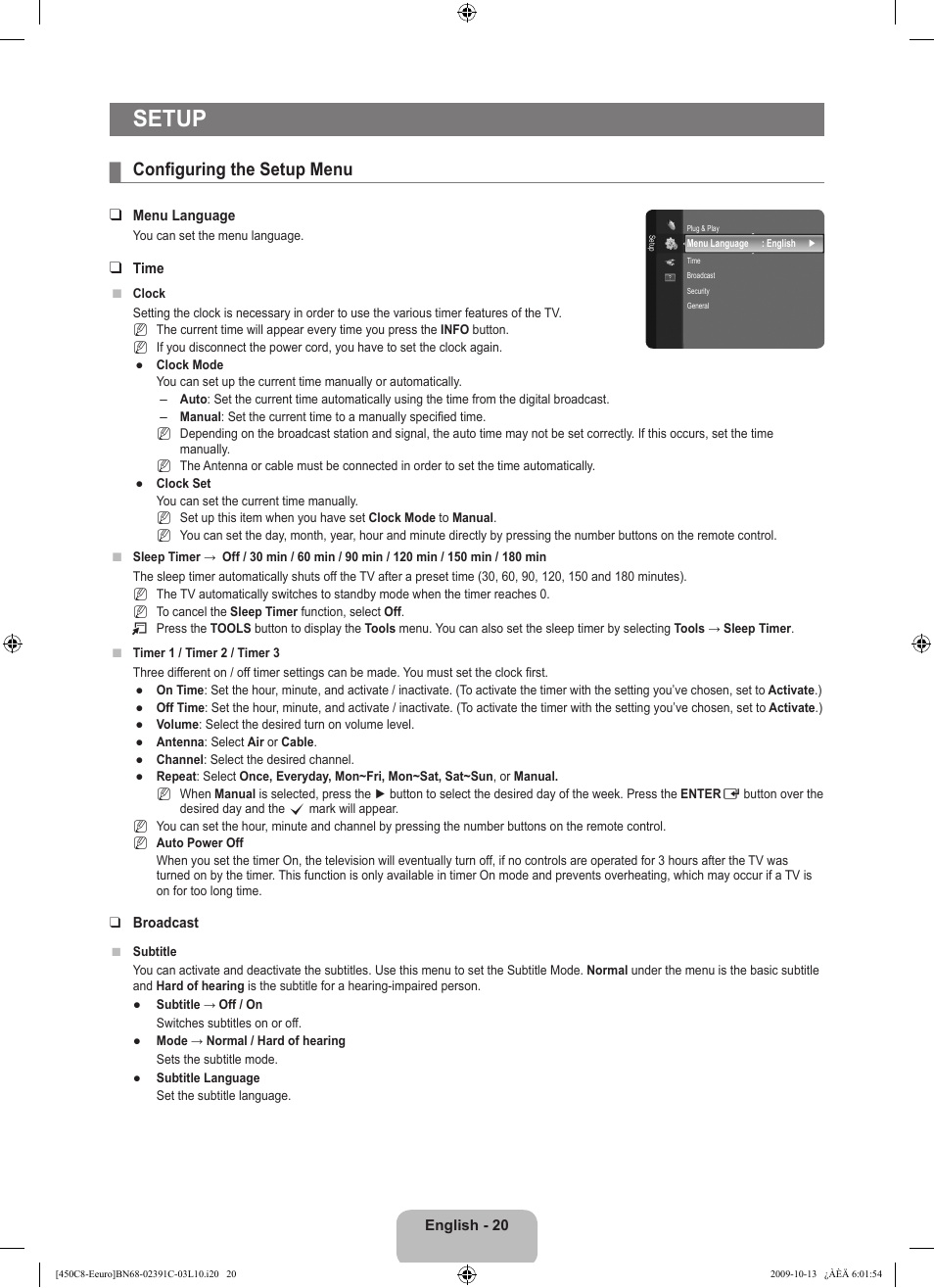 Setup, Configuring the setup menu | Samsung LE22B450C8W User Manual | Page 22 / 348