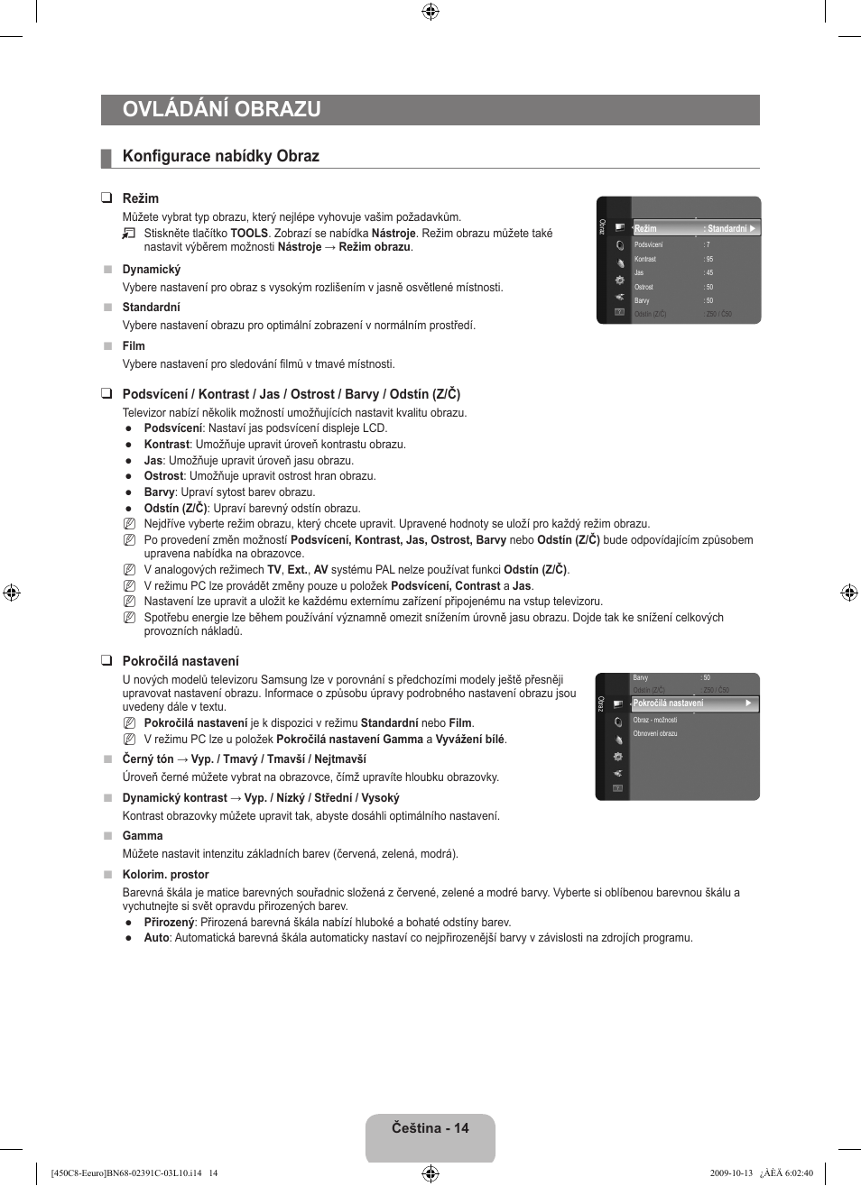Ovládání obrazu, Konfigurace nabídky obraz | Samsung LE22B450C8W User Manual | Page 220 / 348