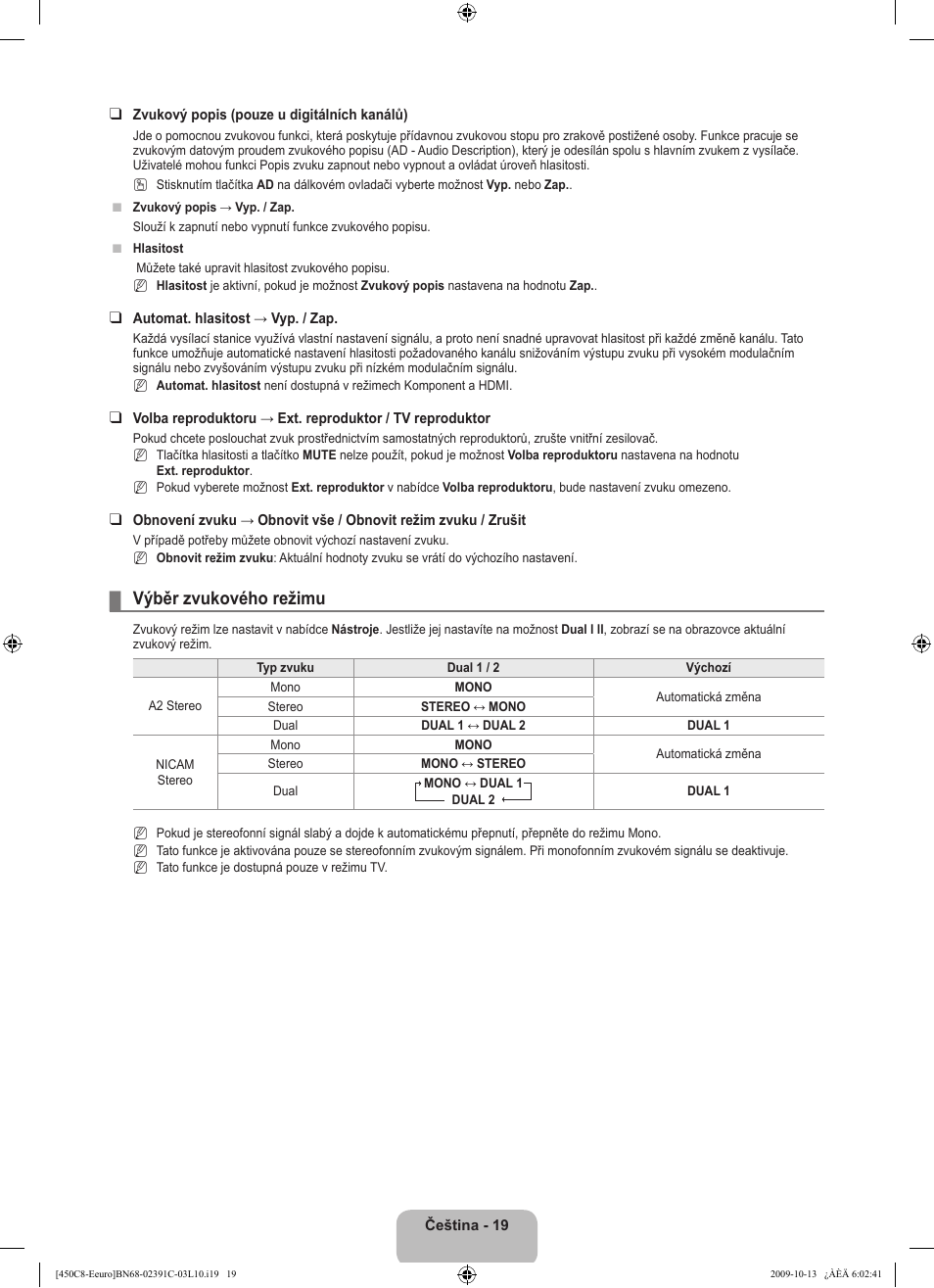 Výběr zvukového režimu | Samsung LE22B450C8W User Manual | Page 225 / 348