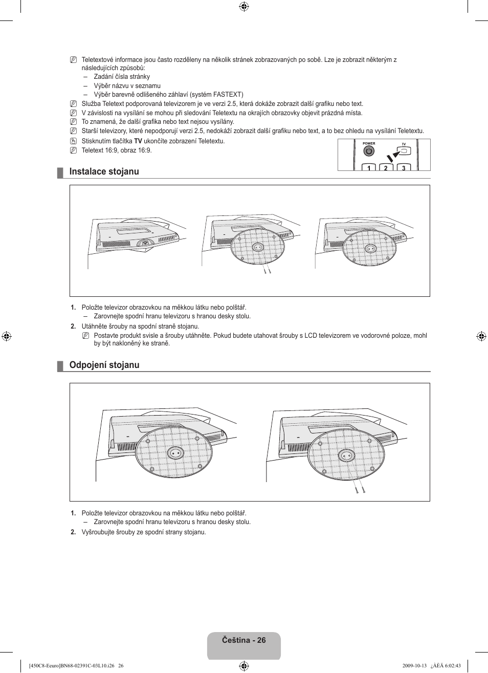 Instalace stojanu, Odpojení stojanu | Samsung LE22B450C8W User Manual | Page 232 / 348