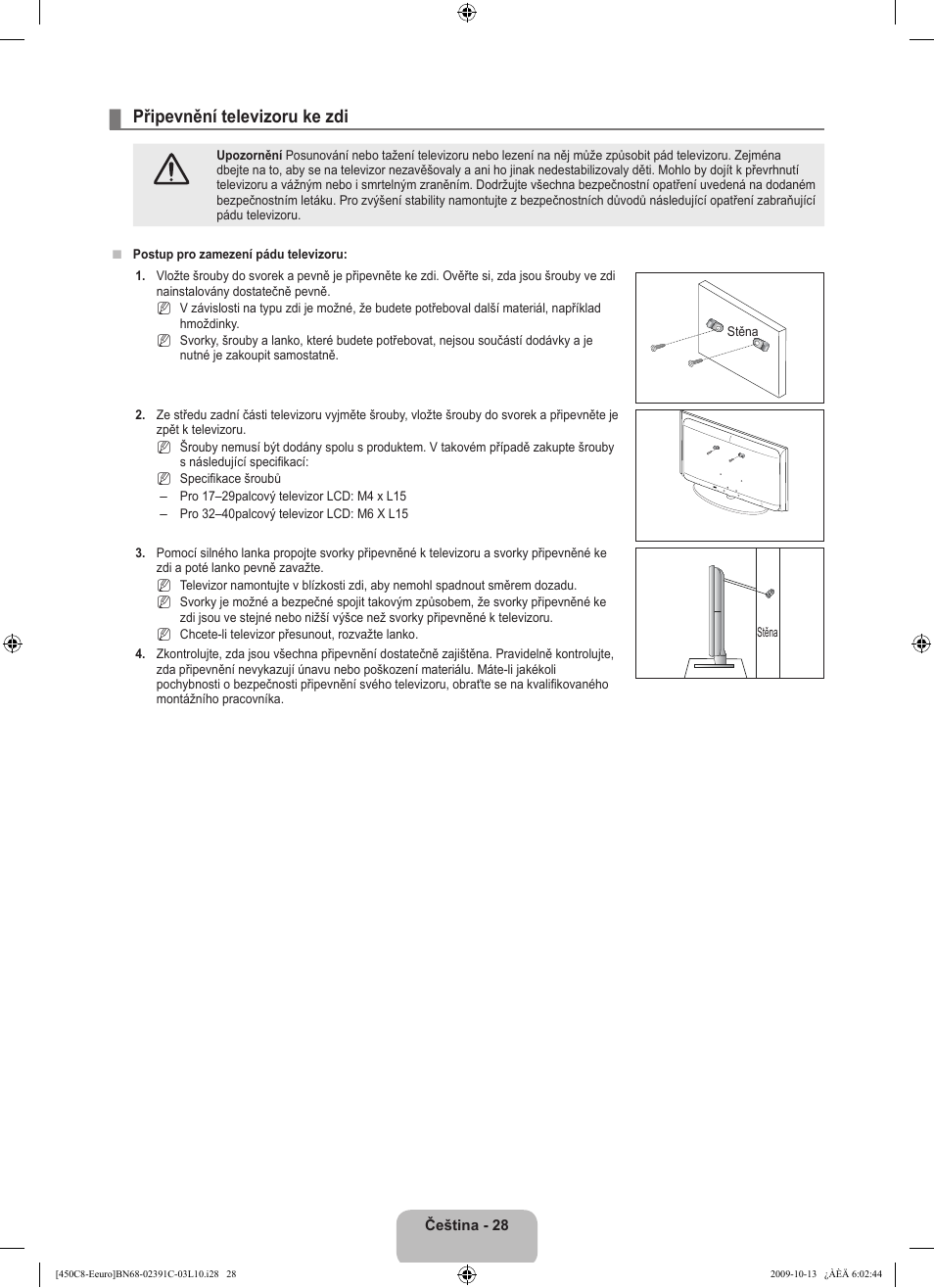 Připevnění televizoru ke zdi | Samsung LE22B450C8W User Manual | Page 234 / 348