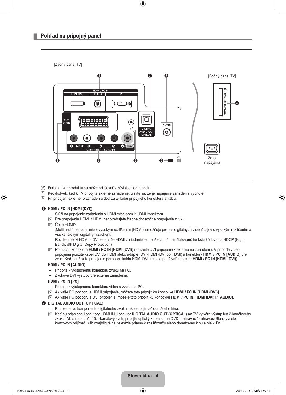 Pohľad na prípojný panel | Samsung LE22B450C8W User Manual | Page 244 / 348