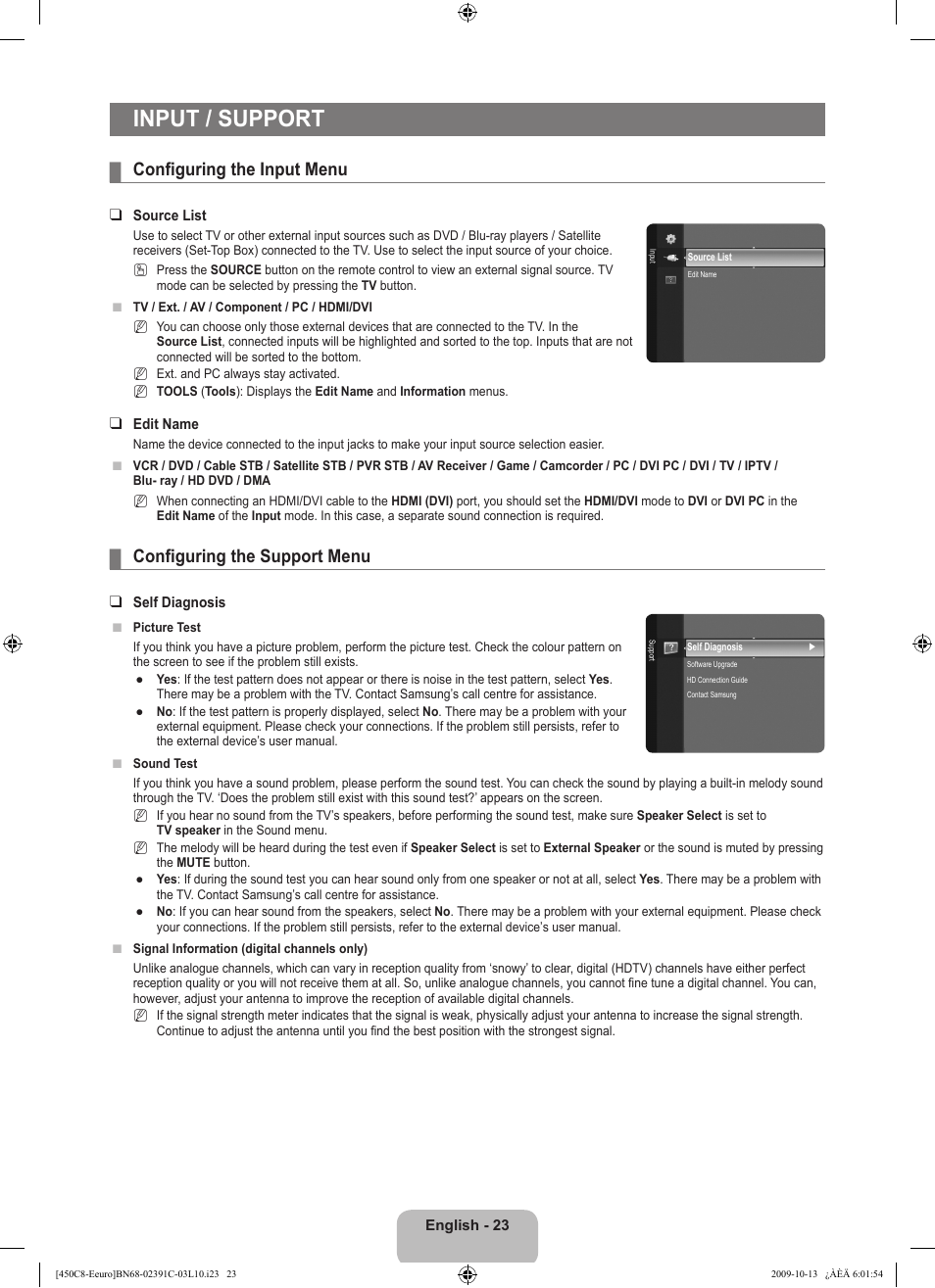 Input / support, Configuring the input menu, Configuring the support menu | Samsung LE22B450C8W User Manual | Page 25 / 348