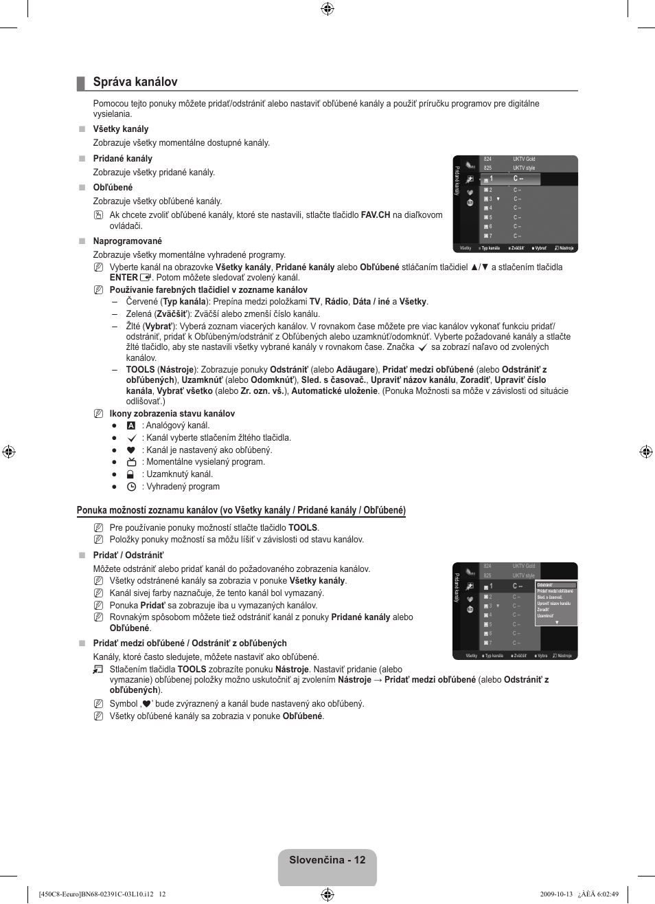 Správa kanálov, Slovenčina - 12 | Samsung LE22B450C8W User Manual | Page 252 / 348