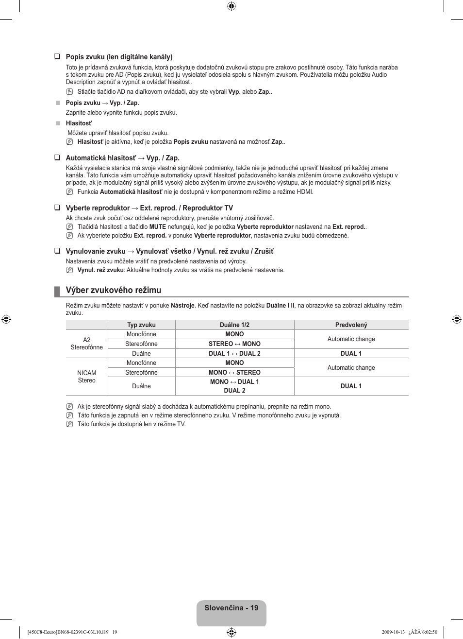 Výber zvukového režimu | Samsung LE22B450C8W User Manual | Page 259 / 348