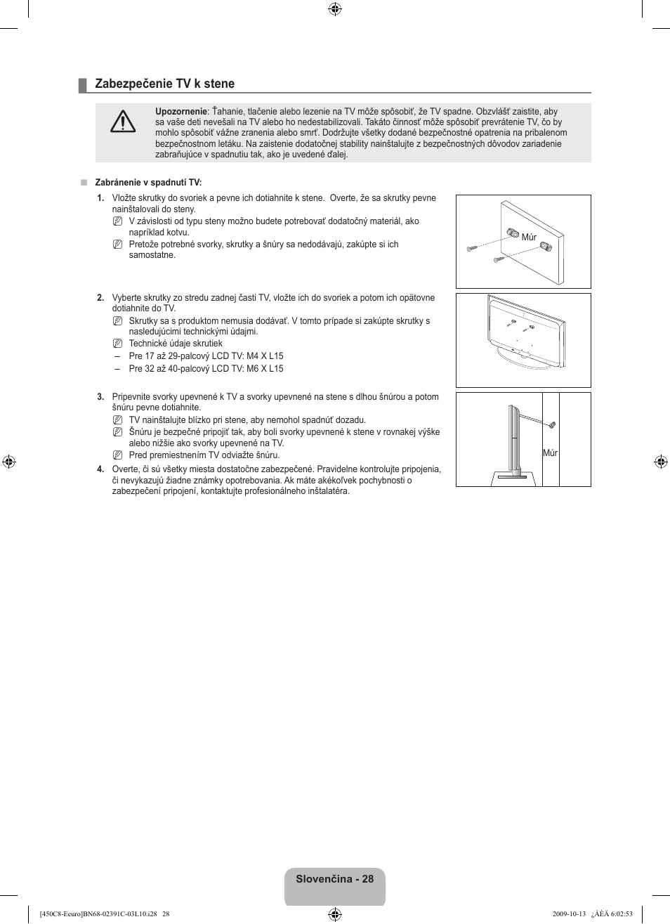 Zabezpečenie tv k stene | Samsung LE22B450C8W User Manual | Page 268 / 348