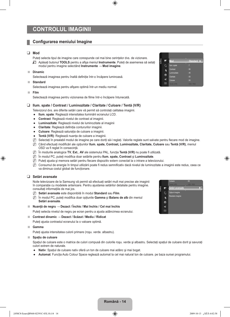 Controlul imaginii, Configurarea meniului imagine | Samsung LE22B450C8W User Manual | Page 288 / 348