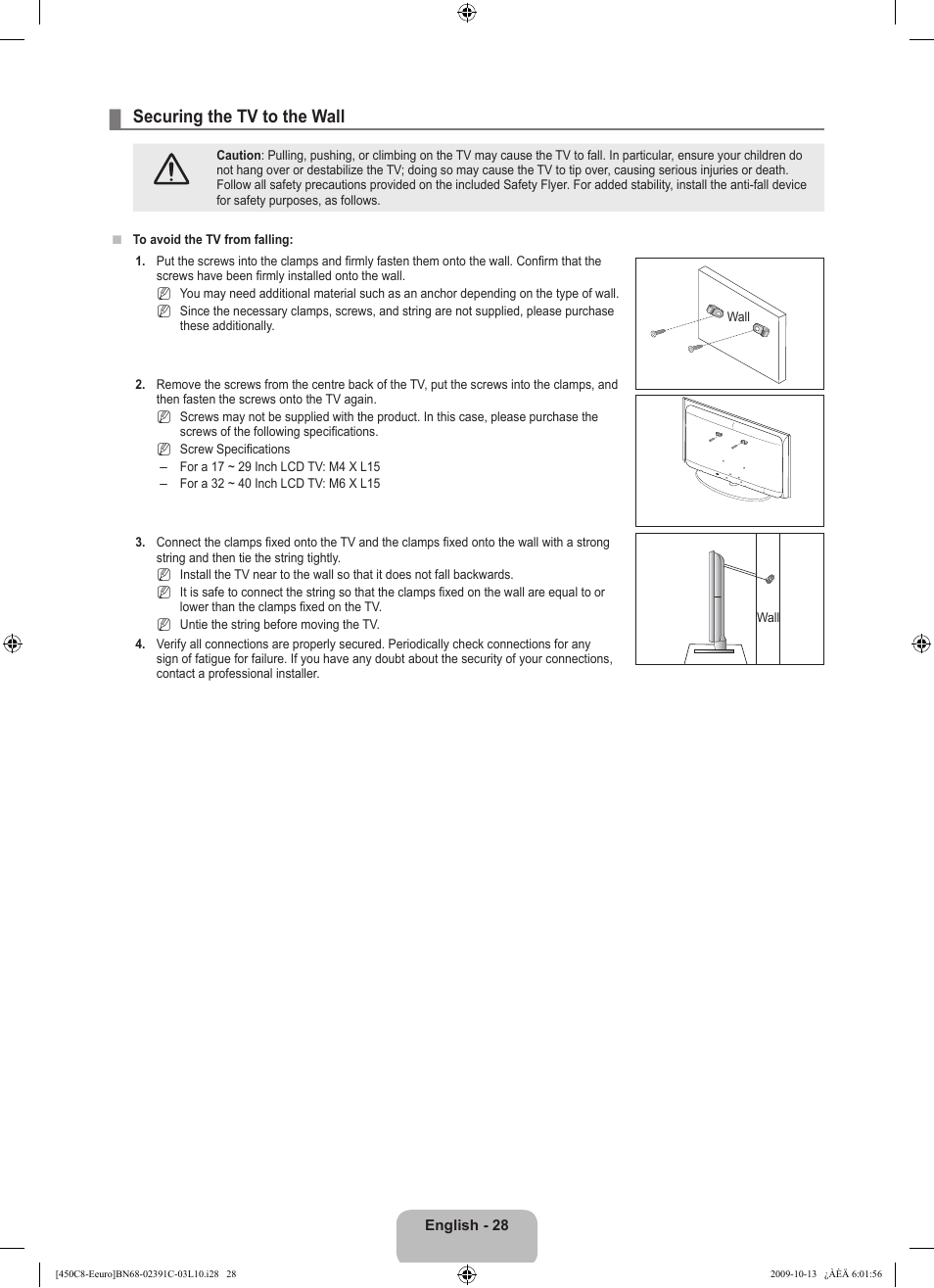 Securing the tv to the wall | Samsung LE22B450C8W User Manual | Page 30 / 348