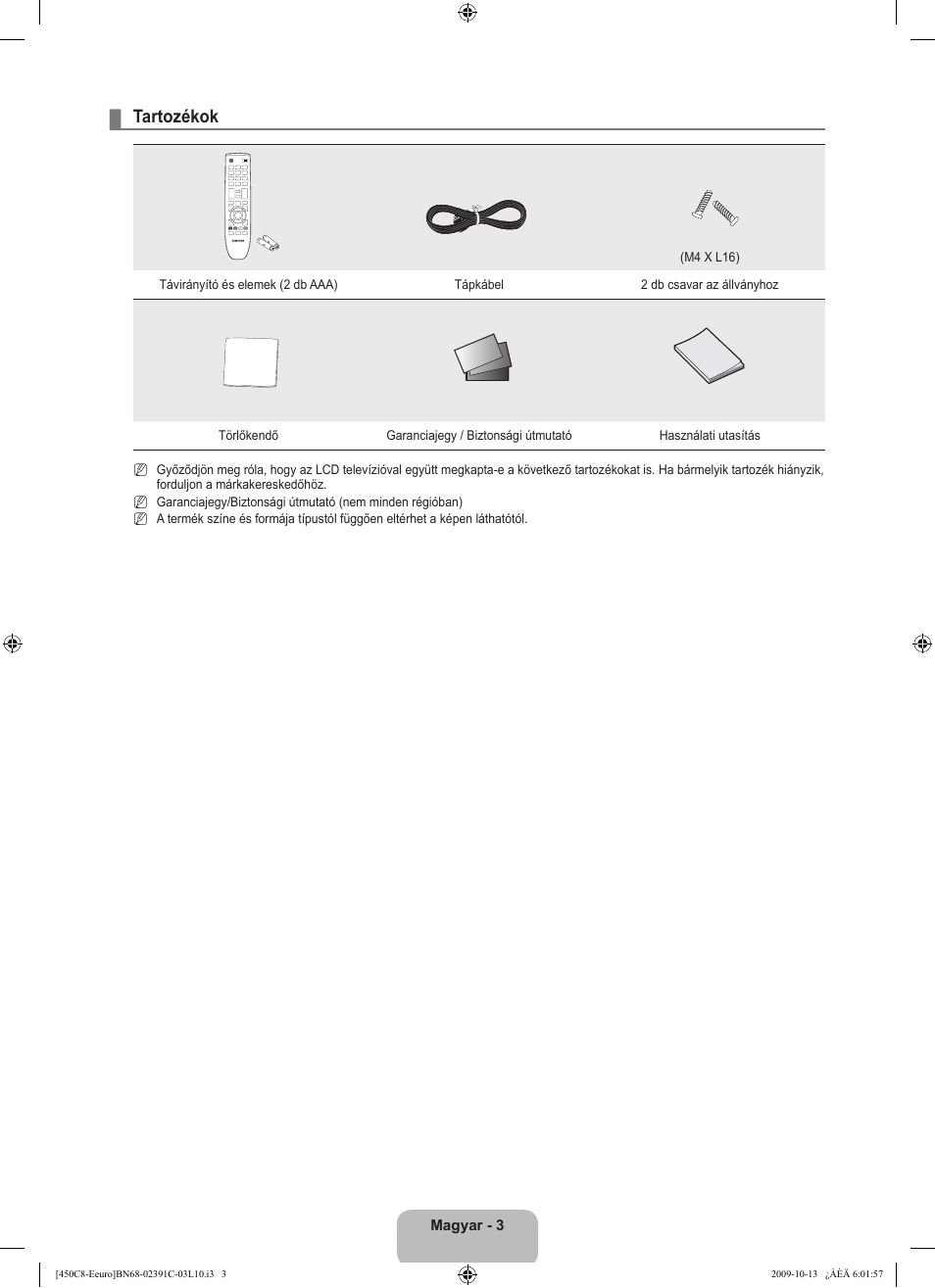 Tartozékok | Samsung LE22B450C8W User Manual | Page 39 / 348