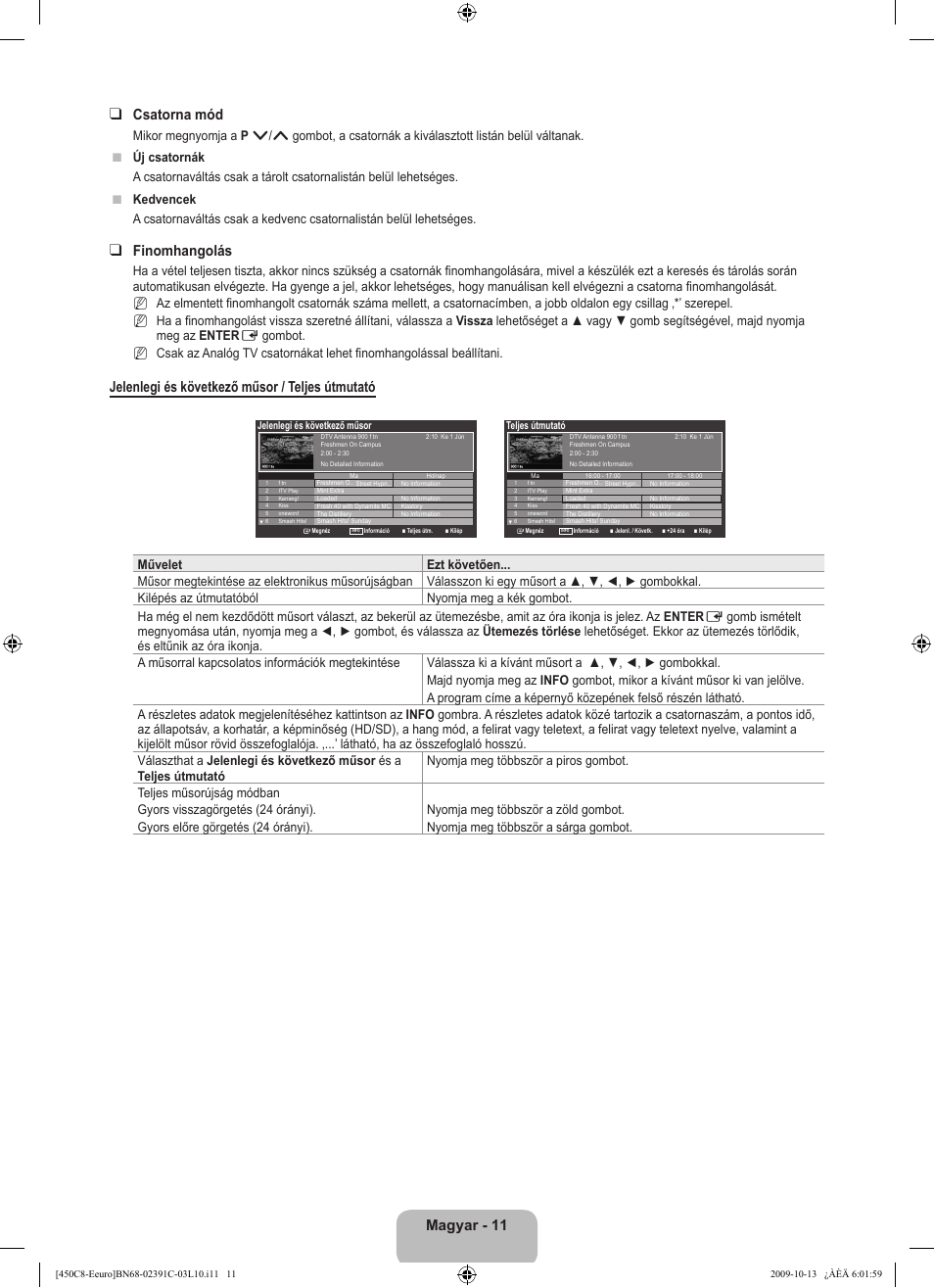 Magyar - 11 csatorna mód, Finomhangolás, Jelenlegi és következő műsor / teljes útmutató | N n n | Samsung LE22B450C8W User Manual | Page 47 / 348