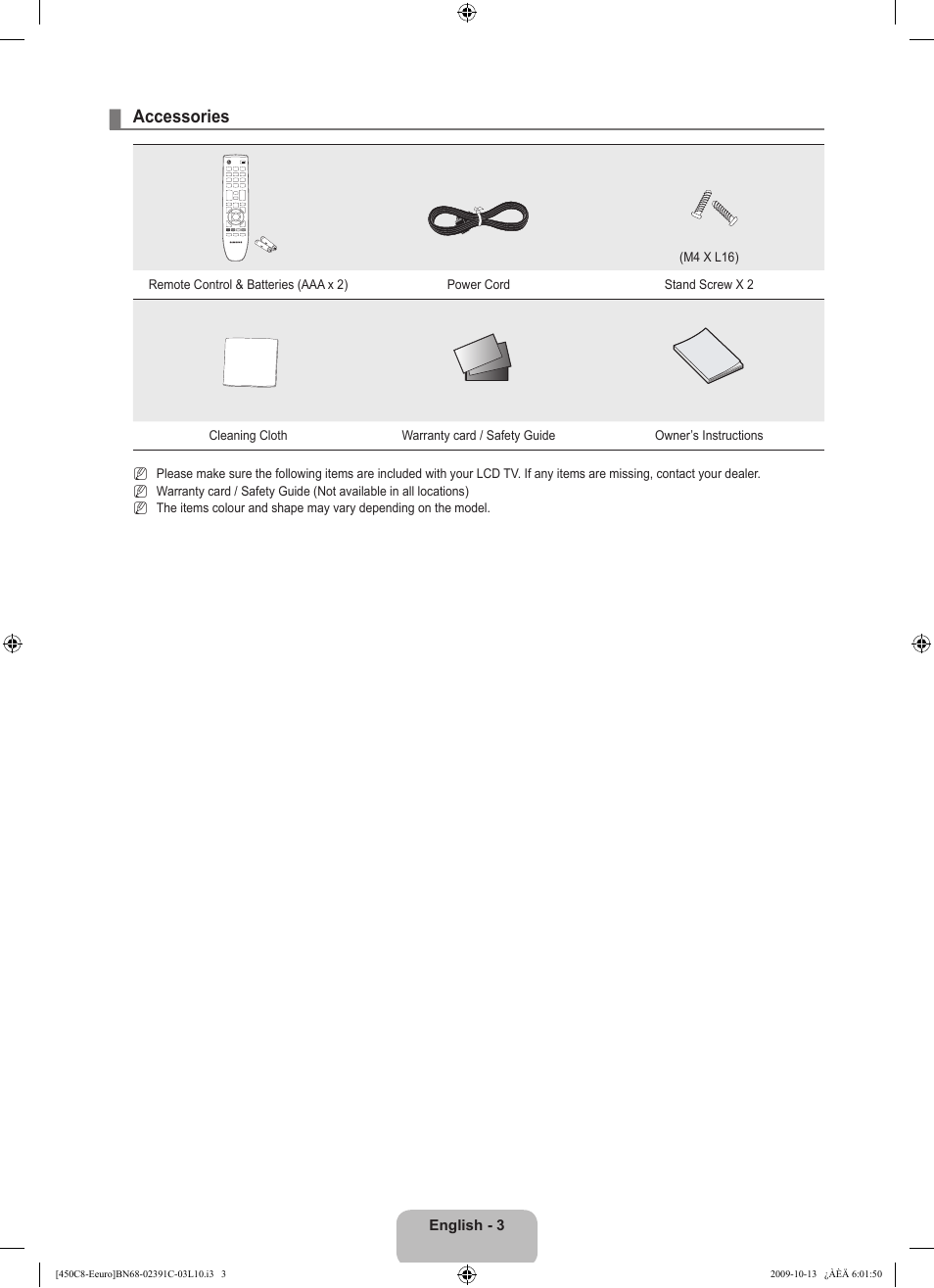 Accessories | Samsung LE22B450C8W User Manual | Page 5 / 348