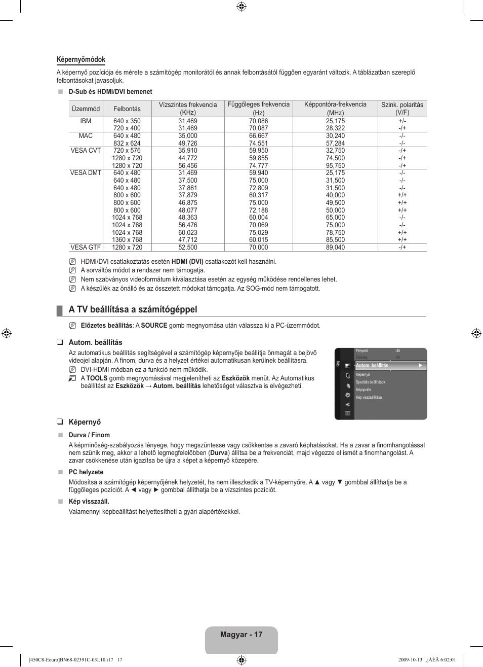 A tv beállítása a számítógéppel | Samsung LE22B450C8W User Manual | Page 53 / 348