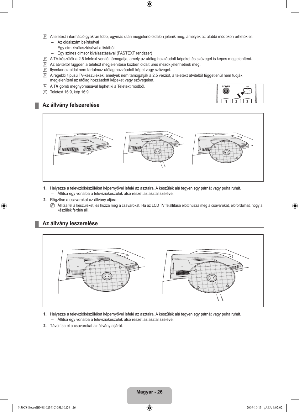 Az állvány felszerelése, Az állvány leszerelése | Samsung LE22B450C8W User Manual | Page 62 / 348