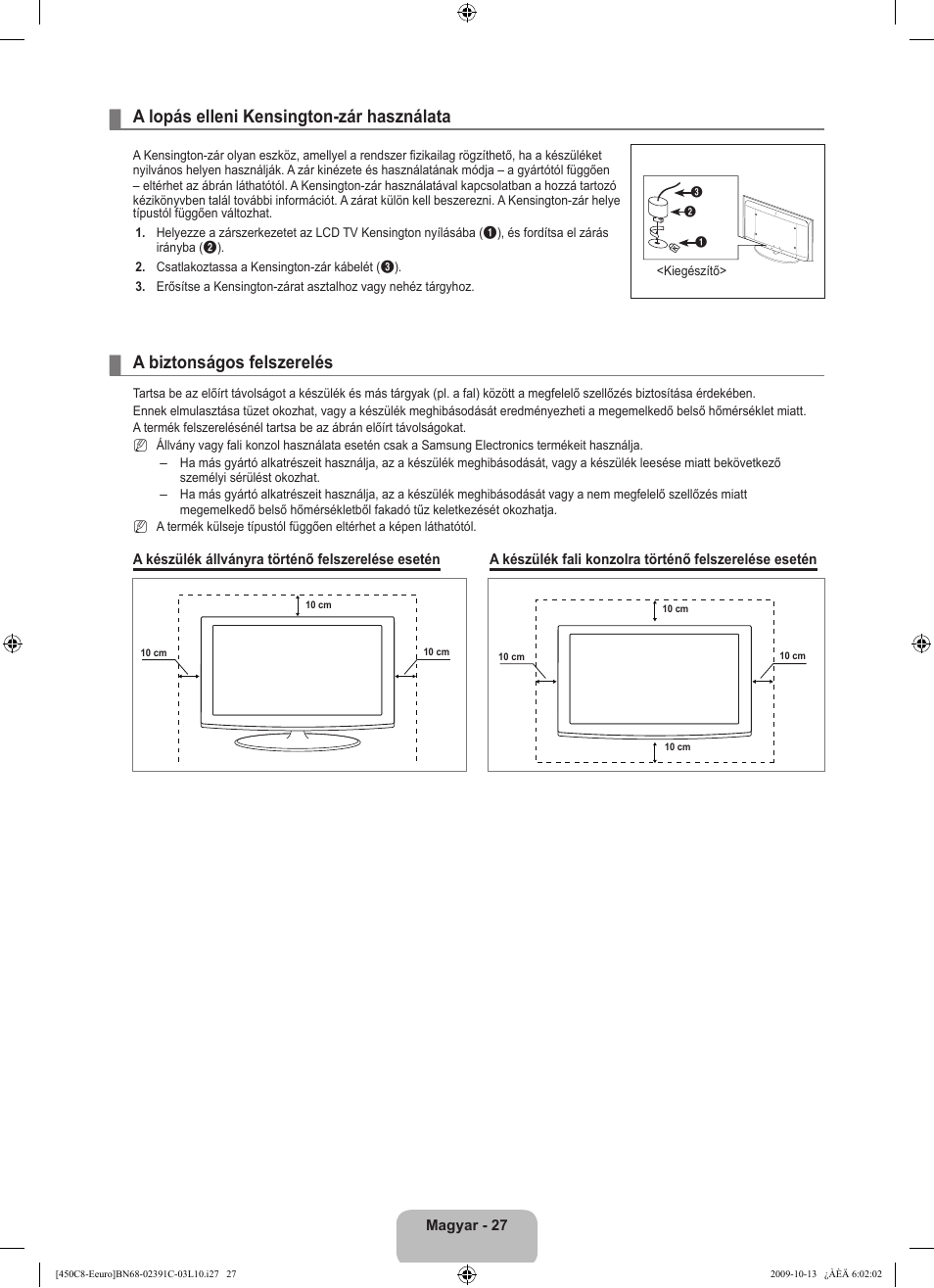 A lopás elleni kensington-zár használata, A biztonságos felszerelés | Samsung LE22B450C8W User Manual | Page 63 / 348