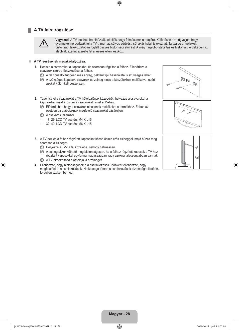 A tv falra rögzítése | Samsung LE22B450C8W User Manual | Page 64 / 348