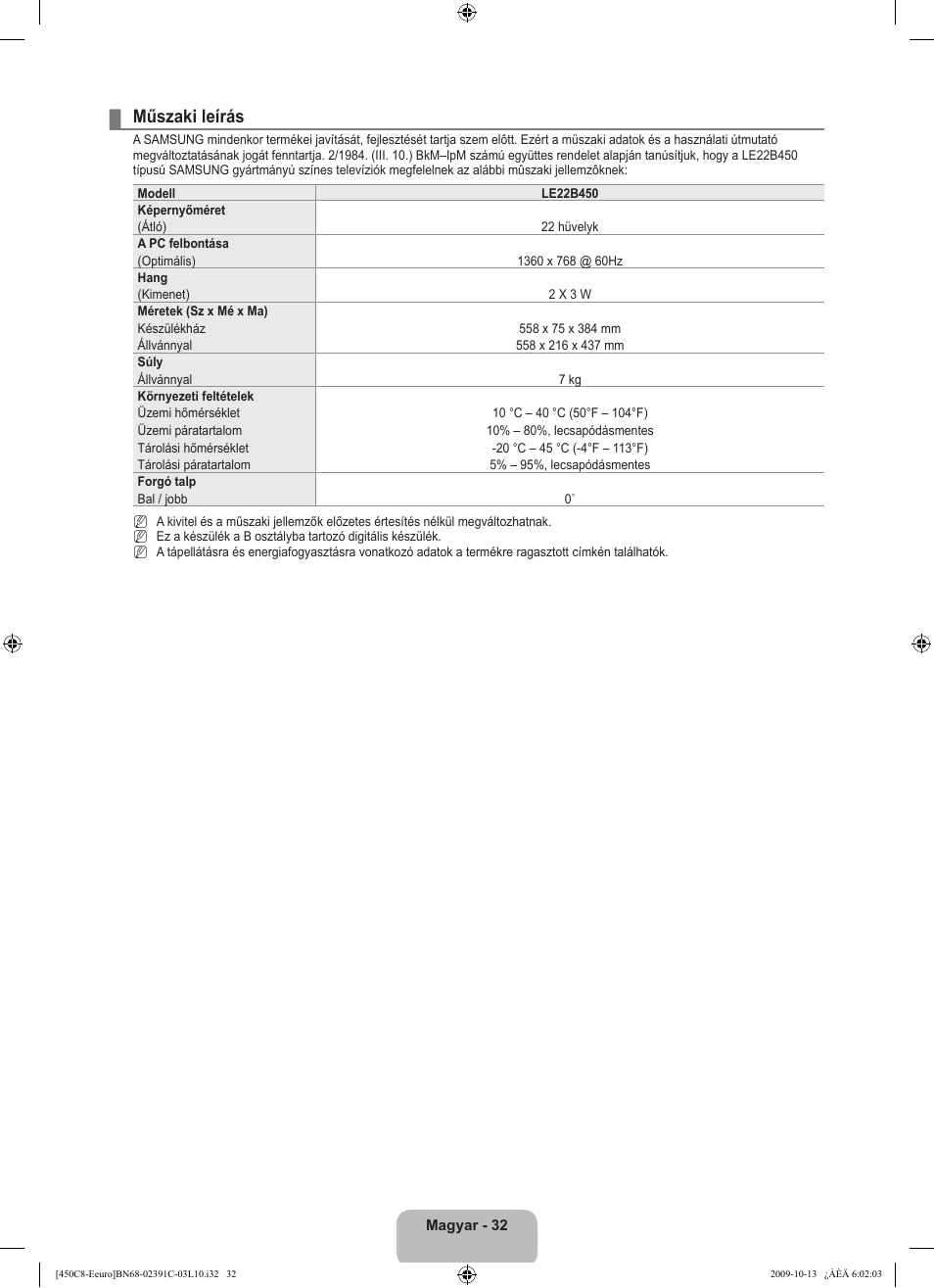 Műszaki leírás | Samsung LE22B450C8W User Manual | Page 68 / 348