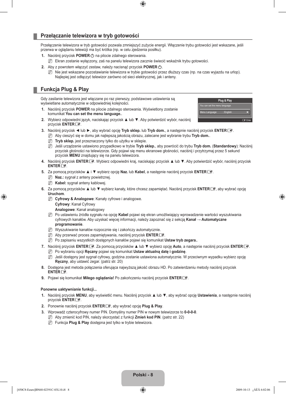 Przełączanie telewizora w tryb gotowości, Funkcja plug & play | Samsung LE22B450C8W User Manual | Page 78 / 348