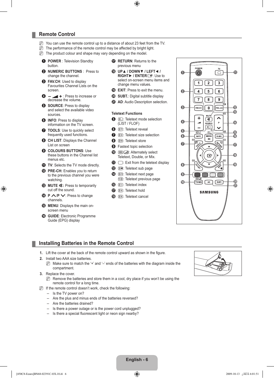 Remote control, Installing batteries in the remote control | Samsung LE22B450C8W User Manual | Page 8 / 348