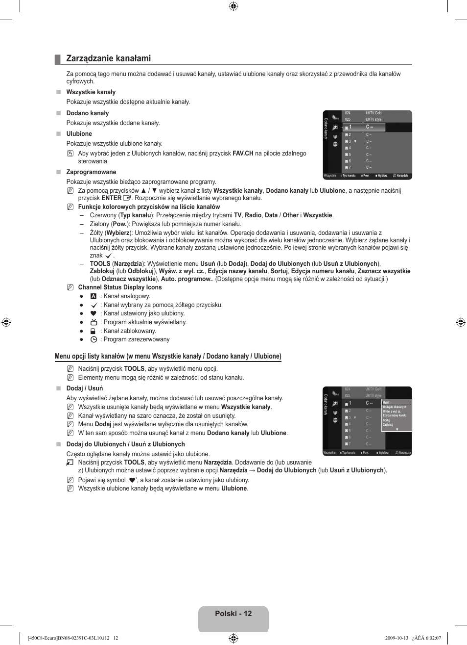 Zarządzanie kanałami, Polski - 12 | Samsung LE22B450C8W User Manual | Page 82 / 348