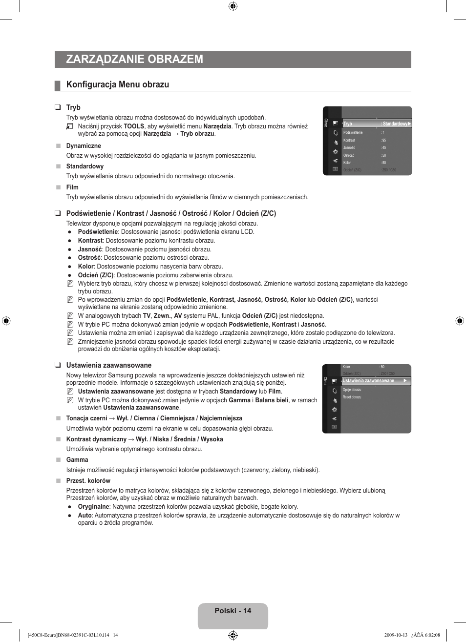 Zarządzanie obrazem, Konfiguracja menu obrazu | Samsung LE22B450C8W User Manual | Page 84 / 348