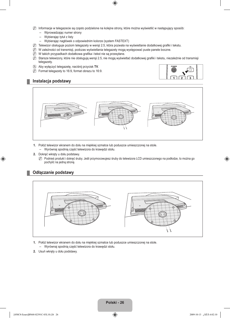Instalacja podstawy, Odłączanie podstawy | Samsung LE22B450C8W User Manual | Page 96 / 348