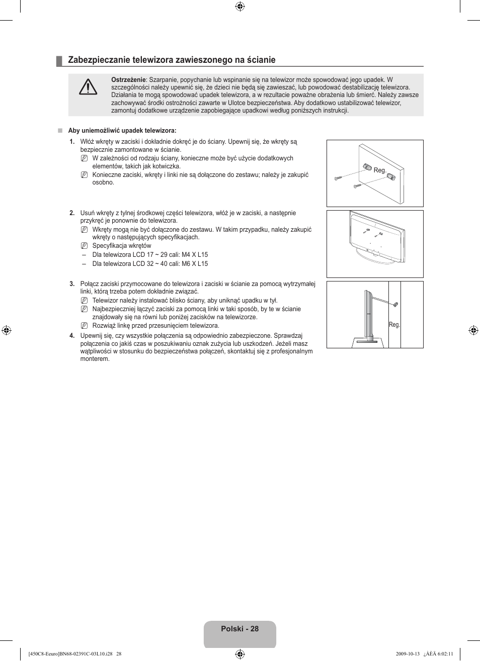 Zabezpieczanie telewizora zawieszonego na ścianie | Samsung LE22B450C8W User Manual | Page 98 / 348