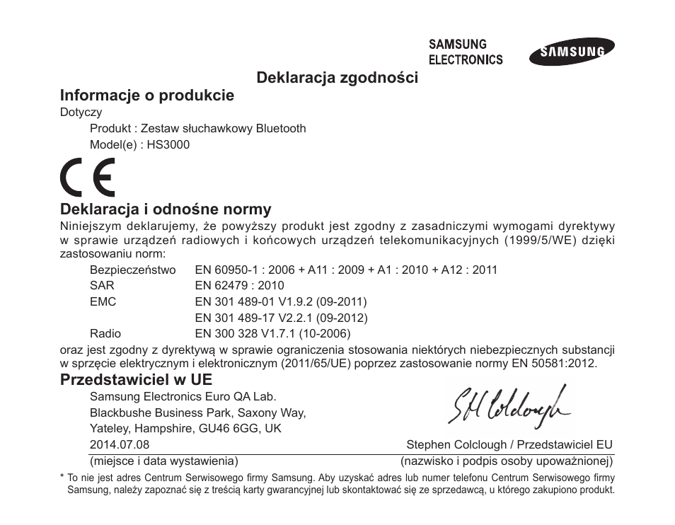 Deklaracja zgodności informacje o produkcie, Deklaracja i odnośne normy, Przedstawiciel w ue | Samsung BHS3000 User Manual | Page 101 / 196