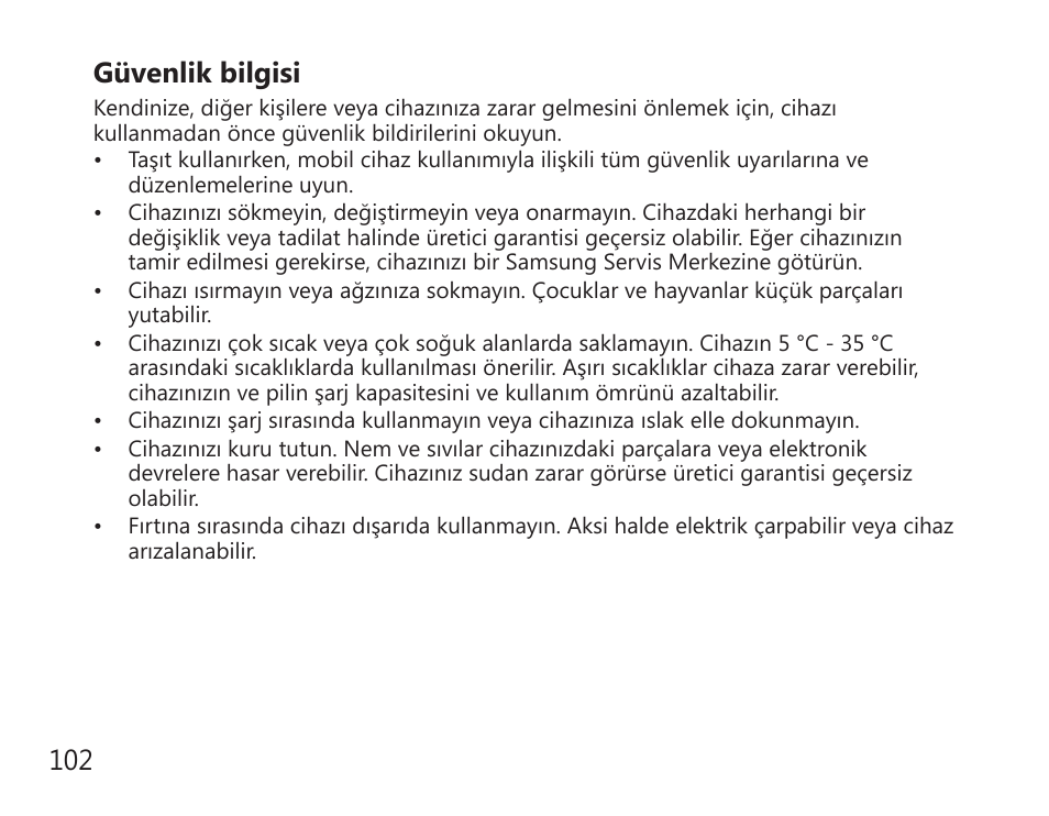 102 güvenlik bilgisi | Samsung BHS3000 User Manual | Page 104 / 196