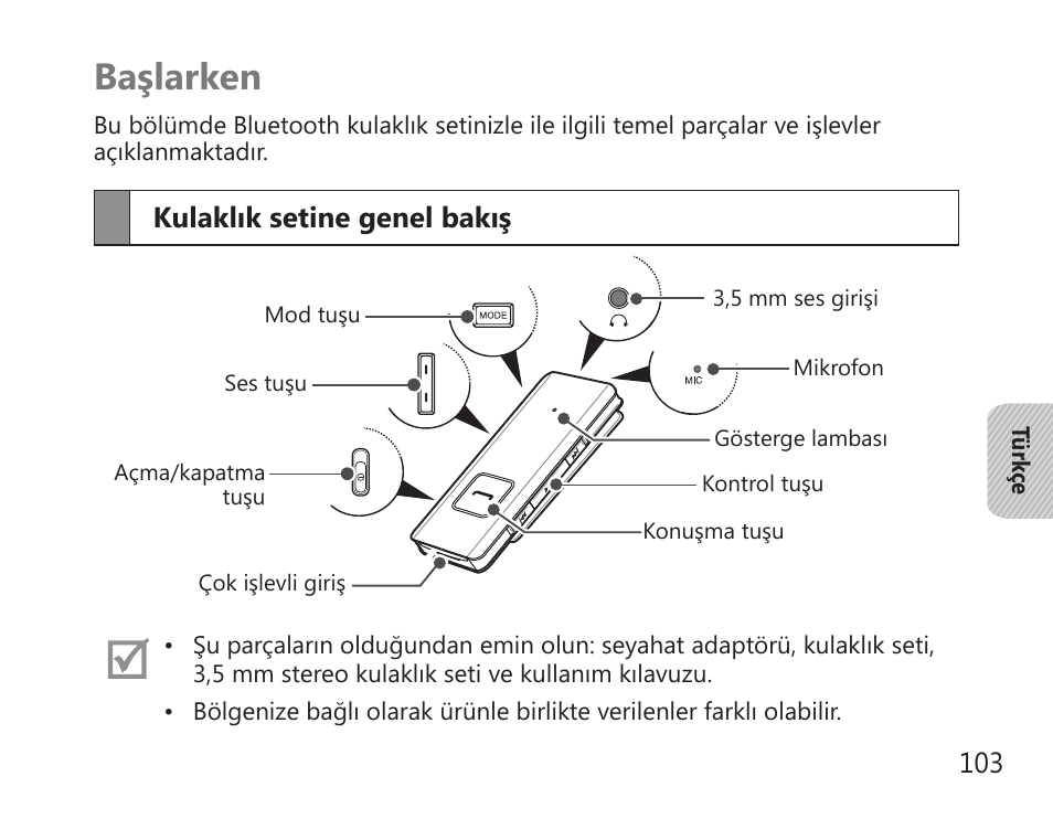 Başlarken, Kulaklık setine genel bakış | Samsung BHS3000 User Manual | Page 105 / 196