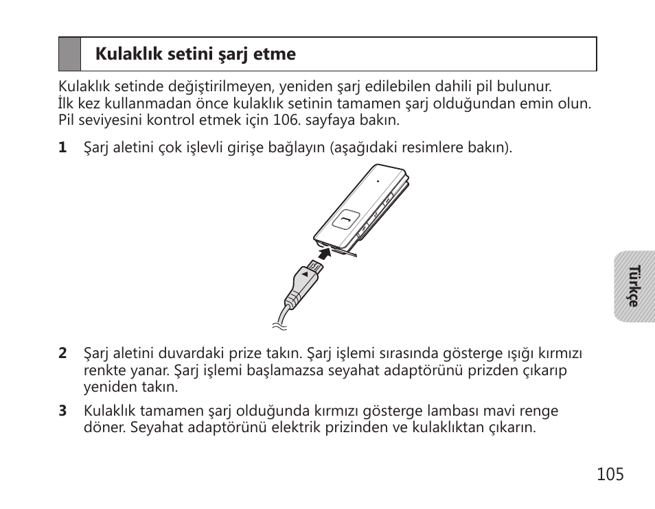 Kulaklık setini şarj etme | Samsung BHS3000 User Manual | Page 107 / 196