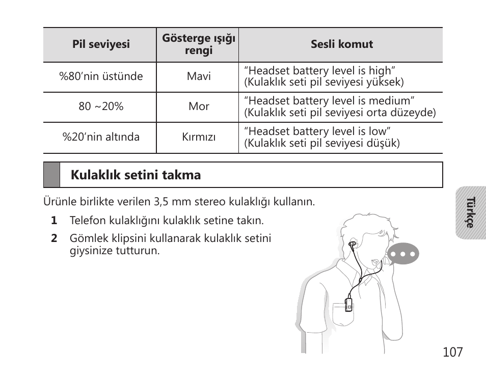 Kulaklık setini takma | Samsung BHS3000 User Manual | Page 109 / 196