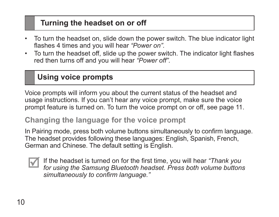 Turning the headset on or off, Using voice prompts | Samsung BHS3000 User Manual | Page 12 / 196