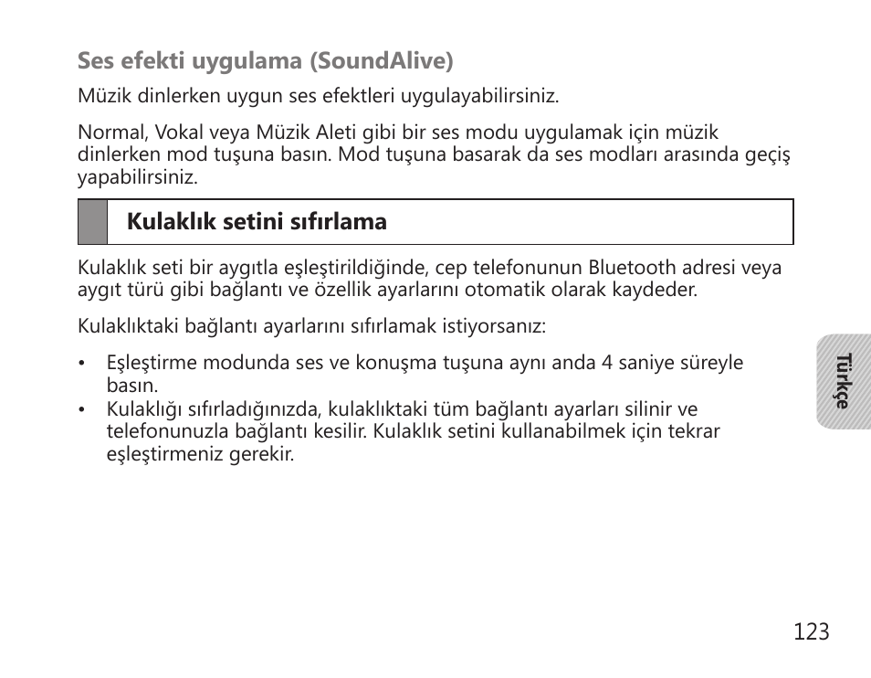 Kulaklık setini sıfırlama | Samsung BHS3000 User Manual | Page 125 / 196