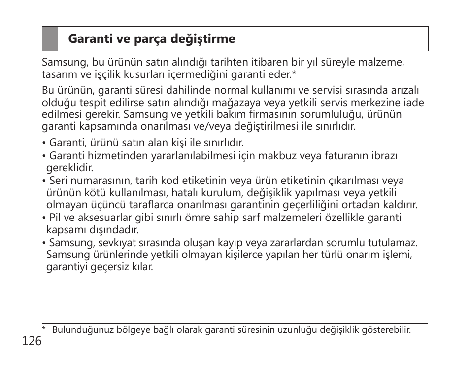 Garanti ve parça değiştirme | Samsung BHS3000 User Manual | Page 128 / 196