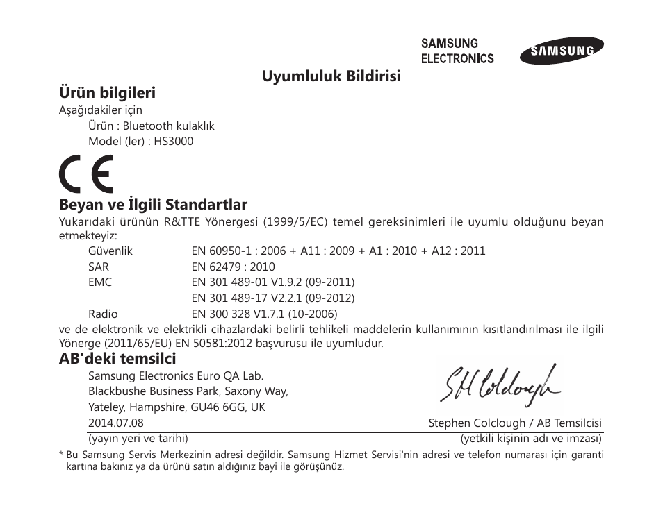 Uyumluluk bildirisi ürün bilgileri, Beyan ve ilgili standartlar, Ab'deki temsilci | Samsung BHS3000 User Manual | Page 132 / 196