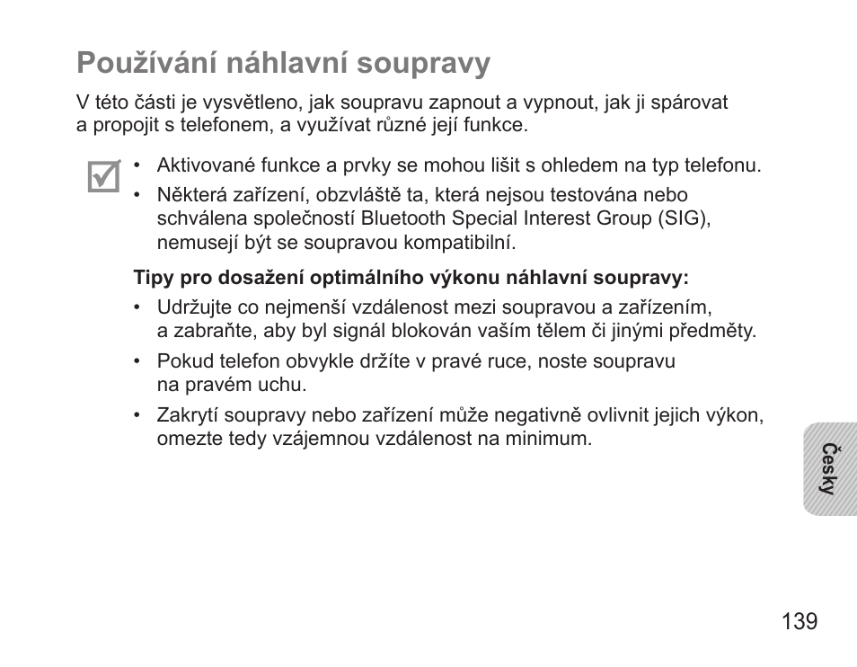 Používání náhlavní soupravy | Samsung BHS3000 User Manual | Page 141 / 196