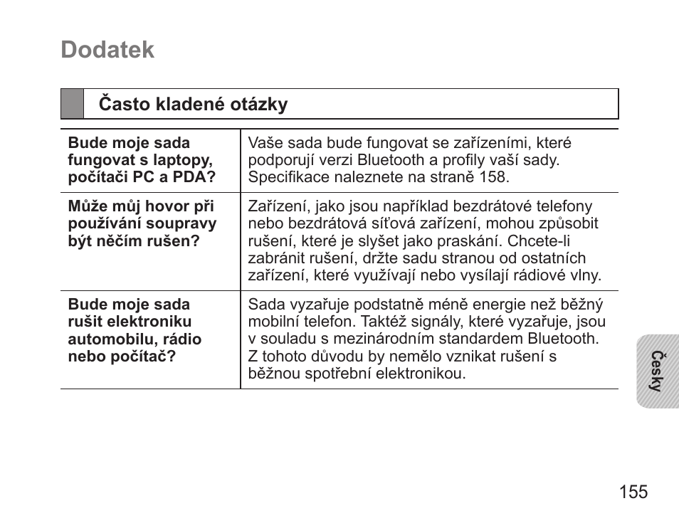 Dodatek, Často kladené otázky | Samsung BHS3000 User Manual | Page 157 / 196